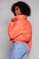 Womens Daisy Faux Leather Puffer Jacket, Orange, Size M
