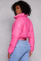 Womens Daisy Faux Leather Puffer Jacket, Pink, Size S