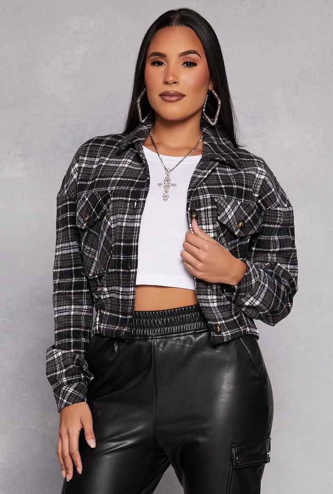 Womens Cropped Plaid Shacket, Black, Size S