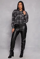 Womens Cropped Plaid Shacket, Black, Size M