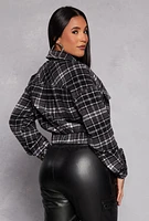Womens Cropped Plaid Shacket, Black, Size M