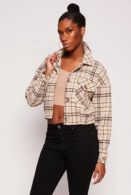 Womens Cropped Plaid Shacket, Beige, Size M