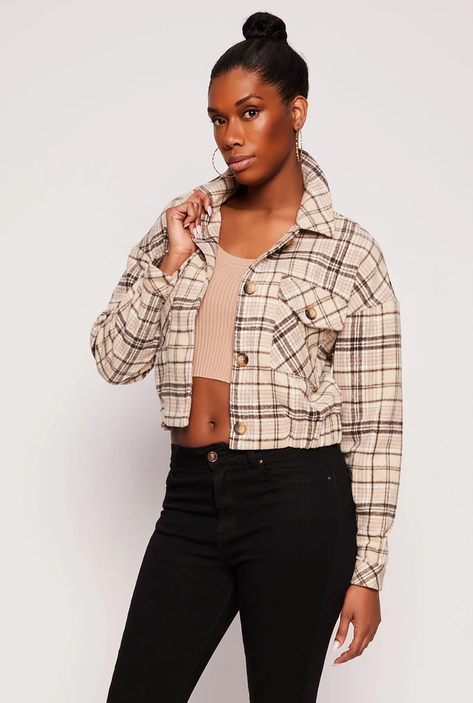 Womens Cropped Plaid Shacket, S