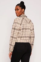 Womens Cropped Plaid Shacket, Beige, Size M