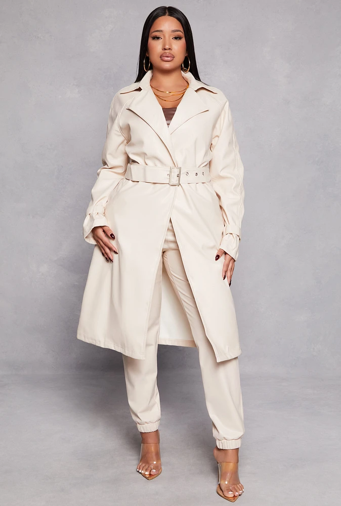 Womens Haute Monde Belted Faux Leather Wrap Coat, White, Size M