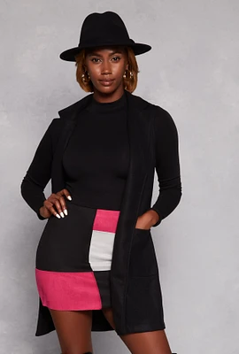 Womens Faux Suede Sleeveless Tie Waist Wrap Coat, Black, Size S