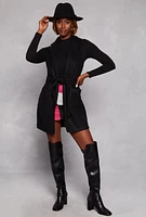 Womens Faux Suede Sleeveless Tie Waist Wrap Coat, Black, Size S