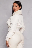 Womens Faux Fur Collar Bomber Jacket, White,