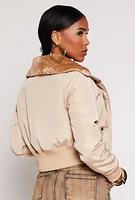 Womens Faux Fur Collar Bomber Jacket, Beige, Size S