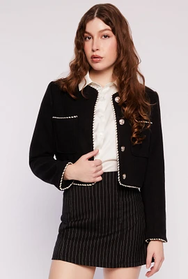 Womens Tweed Contrast Stitch Button Front Blazer,