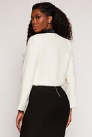 Womens Tweed Contrast Stitch Button Front Blazer, White,