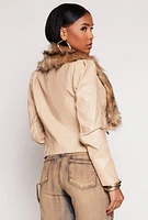 Womens Haute Monde Faux Fur Trim Faux Leather Jacket, Beige, Size S