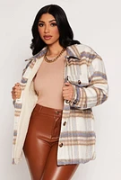 Womens Iris Plaid Sherpa Lined Shacket, Beige,