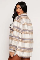 Womens Iris Plaid Sherpa Lined Shacket, Beige,