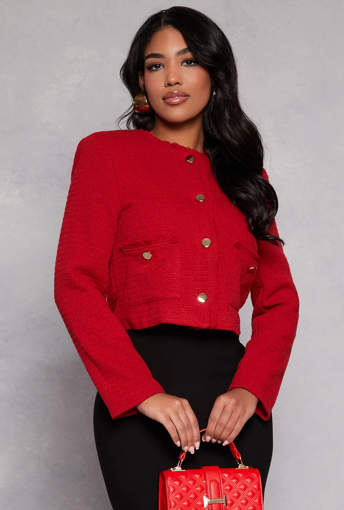 Womens Iris Tweed Button Front Blazer, Red,