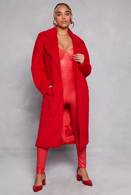 Womens Collared Sherpa Teddy Coat, Red, Size M