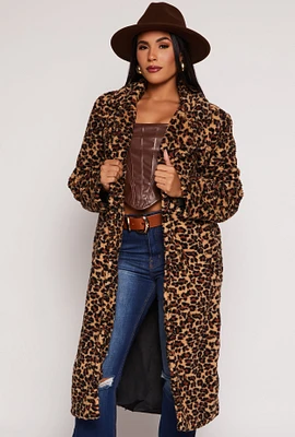 Womens Sherpa Leopard Print Teddy Coat, Brown, Size M