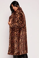 Womens Faux Fur Animal Print Long Coat, Brown, Size L