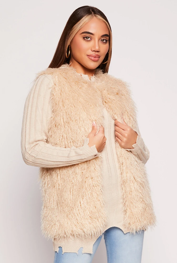 Womens Shaggy Faux Fur Vest, Beige,