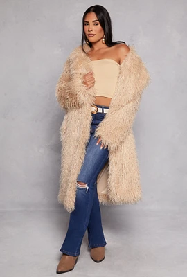 Womens Shaggy Faux Fur Long Coat, Beige, Size L