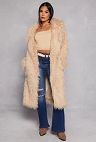 Womens Shaggy Faux Fur Long Coat, Beige, Size L