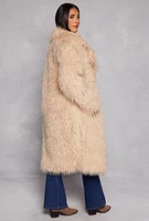 Womens Shaggy Faux Fur Long Coat, Beige, Size L