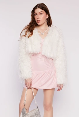 Womens Faux Fur Open Front Cropped Jacket, White, Size M
