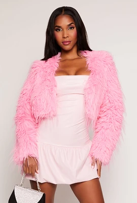 Womens Faux Fur Open Front Cropped Jacket, Pink, Size L