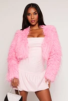 Womens Faux Fur Open Front Cropped Jacket, Pink, Size L