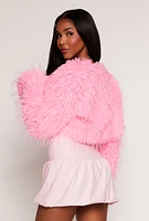 Womens Faux Fur Open Front Cropped Jacket, Pink, Size L