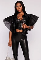 Womens Tulle Sleeve Faux Leather Jacket, Black, Size XL