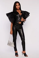 Womens Tulle Sleeve Faux Leather Jacket, Black,