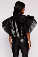 Womens Tulle Sleeve Faux Leather Jacket, Black, Size XL