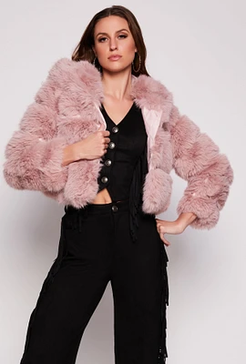 Womens Faux Fur Hooded Cropped Jacket, Pink, Size M