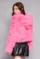 Womens Faux Fur Hooded Cropped Jacket, Pink, Size M