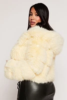 Womens Faux Fur Hooded Cropped Jacket, Yellow, Size M