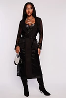 Womens Fishnet Belted Wrap Coat, Black, Size L