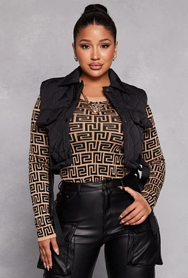 Womens Almost Famous Quilted Snap Button Front Vest, Black, Size L