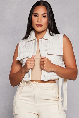 Womens Almost Famous Quilted Snap Button Front Vest, White, Size L