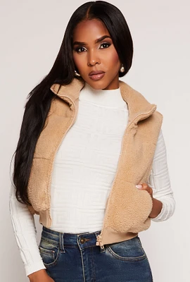 Womens Almost Famous Sherpa Cropped Vest, Beige, Size S