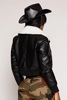 Womens Faux Leather Collared Bomber Jacket, Black, Size M