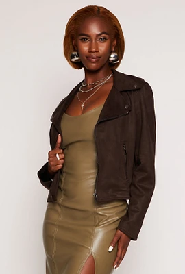 Womens Faux Suede Moto Jacket, Brown, Size L