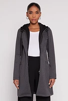 Womens Double Layered Zip Front Hooded Peacoat, Grey, Size L