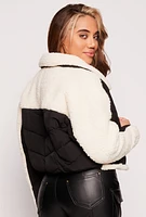 Womens Sherpa Snap Button Front Puffer Jacket,