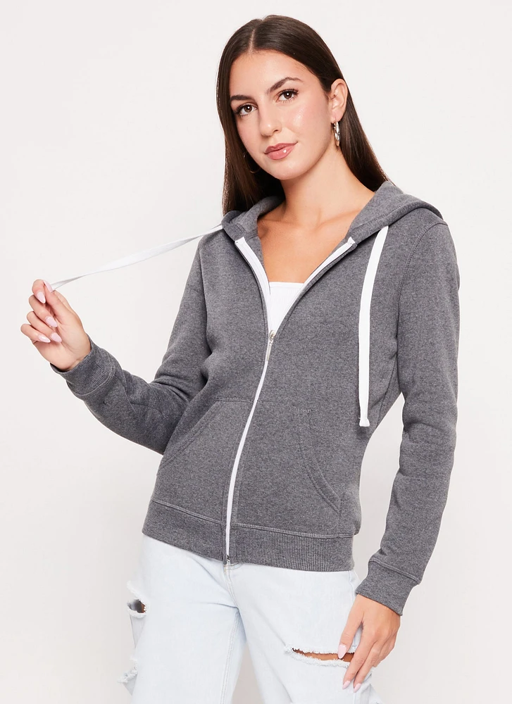 Womens Basic Zip Front Hoodie, Grey,