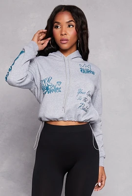 Womens Toggle Drawstring Hem Graphic Print Hoodie, Grey, Size S