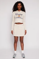 Womens Cowboys and Tequila Hooded Crop Top, Beige, Size L