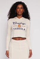 Womens Cowboys and Tequila Hooded Crop Top, Beige, Size S