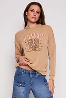 Womens Ribbed Howdy Graphic Pullover Hoodie, Brown, Size M