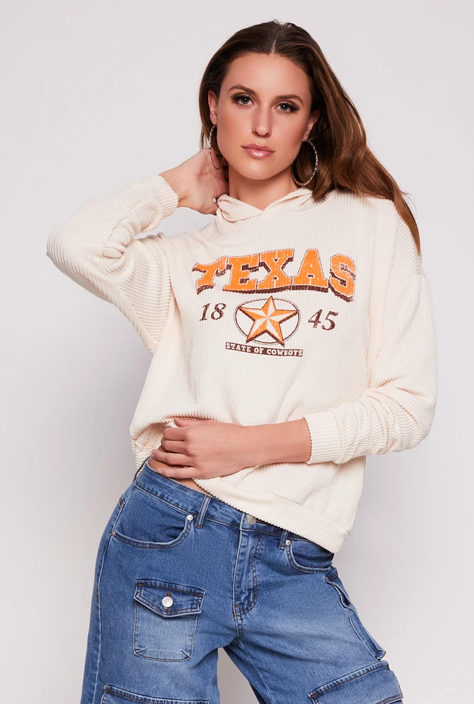 Womens Ribbed Texas Graphic Pullover Hoodie, White, Size L